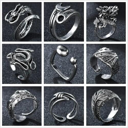 Dragon Rings Set for Men Women Vintage Snake Feather Metal Opening Adjustable Rings Gothic Halloween Ring Kids