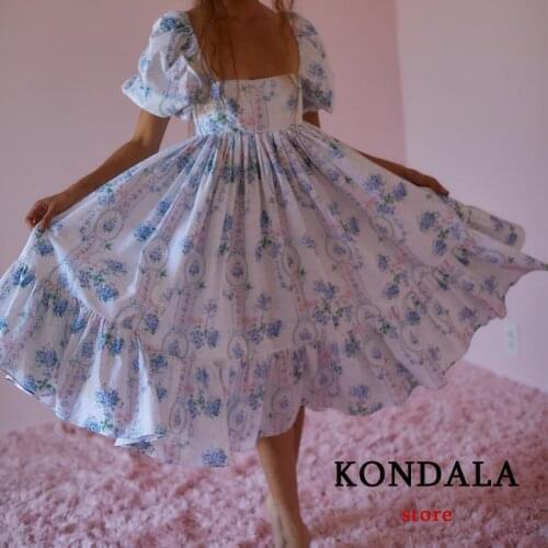 KONDALA Women Floral Vintage Ruffles Dress Za 2021 Short Puff Sleeve Square Collar Maxi Party Dress Summer Elegant Vestidos