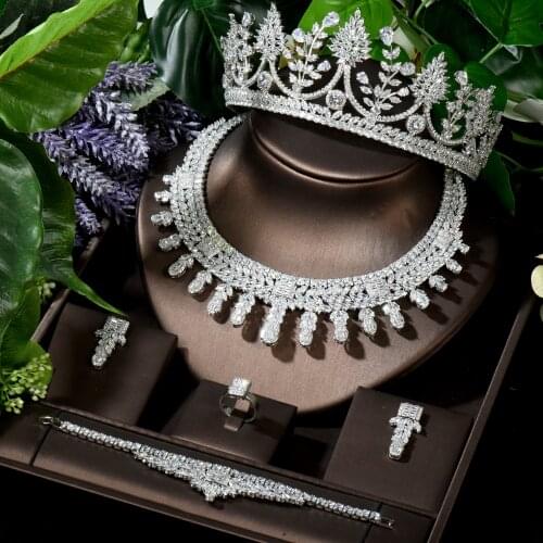 HIBRIDE Big Luxury Bridesmaid Hair Accessories Tiara Crown Jewelry Sets Wholesale Shiny CZ Necklace Pendientes Earring N-1634