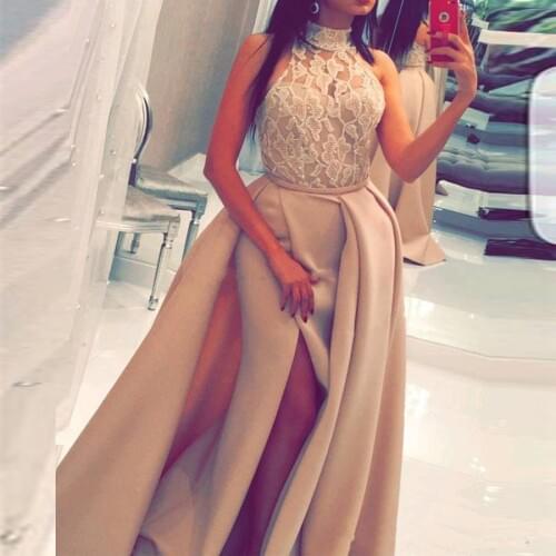 2020 New Halter Beaded Long Mermaid Prom Dresses Side Slit Sleeveless Zipper Back Satin Formal Evening Dress Women Prom Gowns