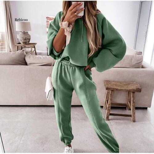 2021 Winter New Womens Clothing Plus Velvet Warm 2 Two-piece Sports Set Hooded Sweater Trousers Suit Casual Pants Set