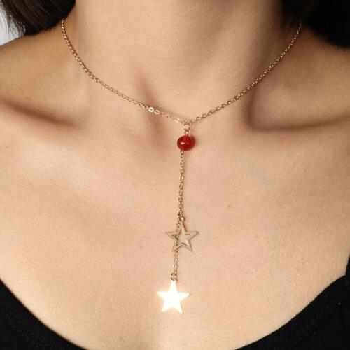 New Simple Pentagram Fringe Pendant Necklace Charming Womens Red Rhinestone Necklace Jewelry Elegant Wedding Party Accessories
