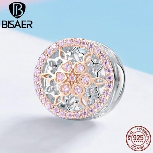 BISAER Authentic 925 Sterling Silver Charm Luminous Cubic Zircon Round Beads fit Bracelets Sterling Silver Jewelry Making ECC923