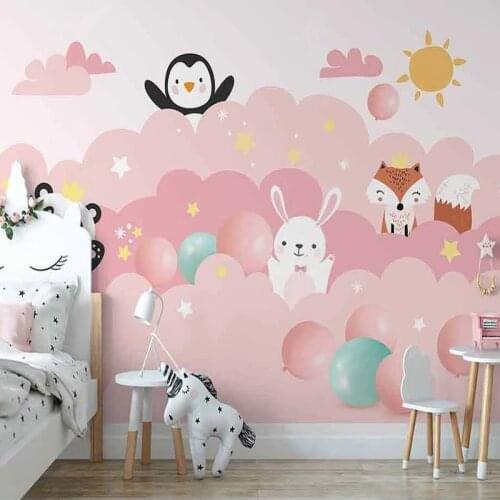 Custom 3D Mural Cartoon Pink Balloon Sun Animals Penguin Fox Rabbit Panda Wallpaper For Kids Room Bedroom Decor Wall Painting