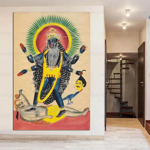 When Kali Trampled Shiva Poster Indian Folk Kalighat Canvas Painting Hindu Wall Art Decor for Living Room