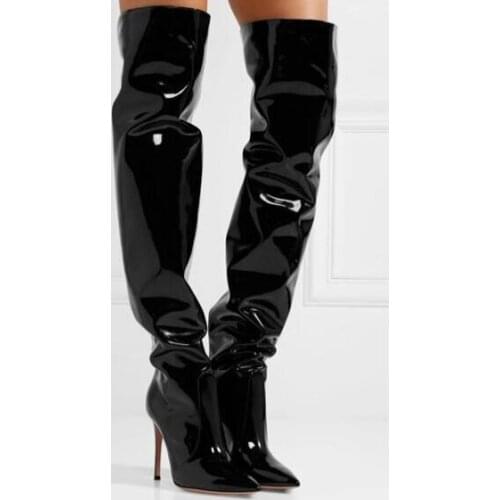 Sestito Hot Sale Woman Patent Leather Slip-on over-the-knee Boots Female Pointed Toe Stiletto High Heels Dress Party Long Boots