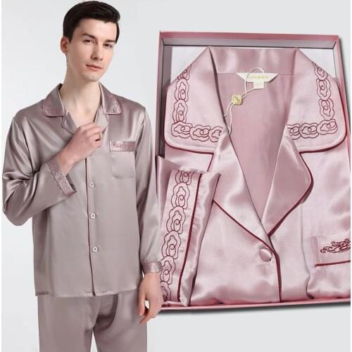 Silk Pajamas Men And Women Couples Light Luxury Embroidery Long Sleeves Spring And Summer 100% Silkworm Silk Home Clothes