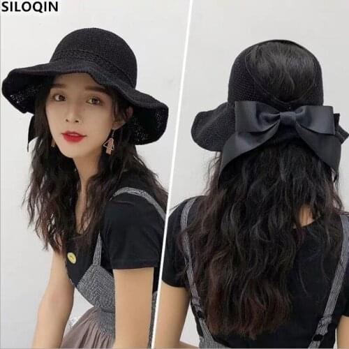SILOQIN Fashion New Womens Empty Sombrero Summer Anti-UV Sandy Beach Trend Straw Hats Adjustable Size Fold Sun Hat