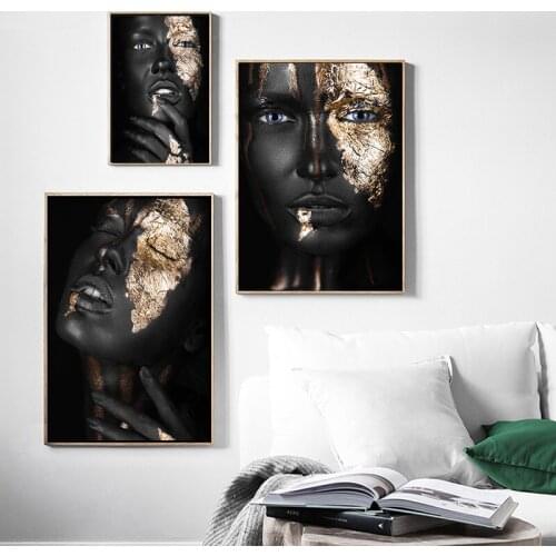 Scandinavian Decorative Paintings African Art Black and Gold Woman Parlor Home Decor Canvas Oil Painting Poster Wall Prints