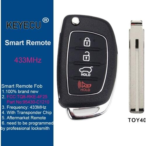 KEYECU Flip Folding Remote Car Key for Hyundai Sonata 2017 2018 2019, Fob 4 Button - 433MHz -P/N: 95430-C1210 FCC: TQ8-RKE-4F25