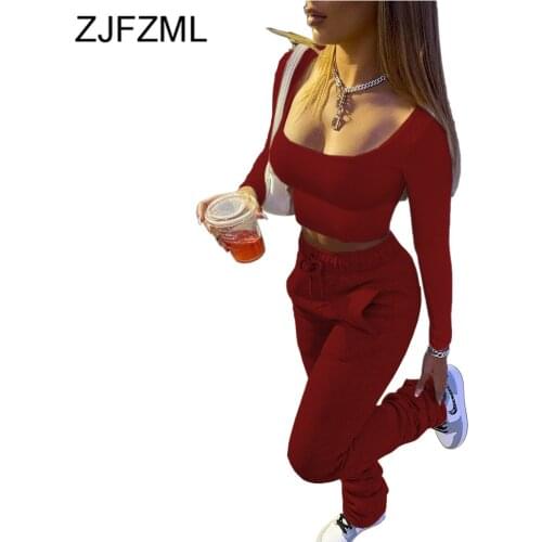 Low Neck Long Sleeve Workout Sporty Crop Top and Drawstring Stacked Sweatpant Jogger Women Casual Matching Sets Activewear Suits