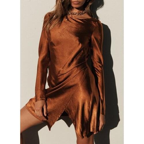 Foridol Backless Satin Party Dress Women Vestidos De Fiesta Long Sleeve Asymmetrical Brown Dress Spring Autumn Short Dress Robe