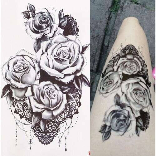 Waterproof Black Temporary Tattoo Sticker Roses Pattern Design Full Flower Arm Body Art Big Large Fake Tattoo Sticker 1PC