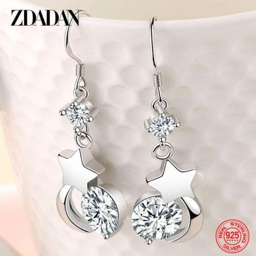 ZDADAN 925 Sterling Silver Star Moon Round CZ Dangle Earrings For Women Fashion Jewelry Accessories
