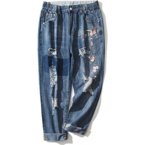 Can fit 90kg girls plus size jeans female 100% cotton hand made hole with flowers embroidery wide leg jeans wq1071 dropshipping