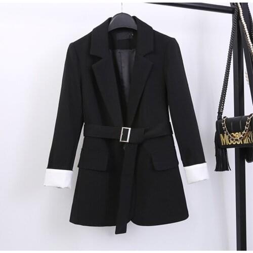 Fashion Formal Tailored Collar Wish Belt Women Suit Black White Business Jacket Top Mid-Length Slim Cotton Spring Summer Coat