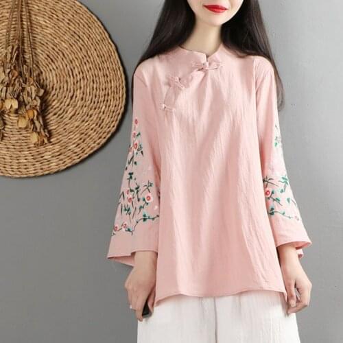 National Style Retro Cotton Linen Top Women Autumn Floral Embroidered Three-quarter Sleeve Shirt Chinese Style Zen Tea Clothes