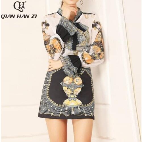 Qian Han Zi Autumn Fashion Runway two Piece Set Womens flared sleeve bow collar shirt+retro pattern print mini skirt suit set