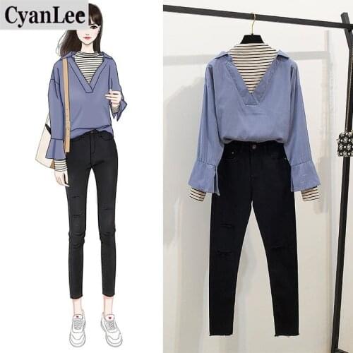 Cyanlee 2 Pieces Set Women 2020 Autumn Winter Patchwork Shirt Korean Girl Fall Clothes Pencil Trouser Lady Office Sets Outfits