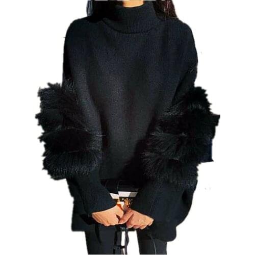 Oversized Sweater Women 2020 Winter fur Turtleneck zipper pull femme hiver black and white Women Sweaters And Pullovers