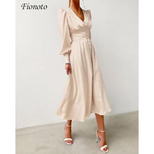 Fionoto Beige Single Breasted Sexy Dress Party Clud High Waist Satin Long Dress Elegant V Neck Women Midi Dresses Lantern Sleeve