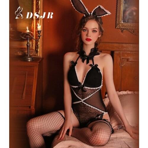 Women Transparent Lace Bodysuit Sexy Lingerie Sleepwear Mesh Lace Floral See-through Teddies Catsuit Erotic Sex Costume Rabbit