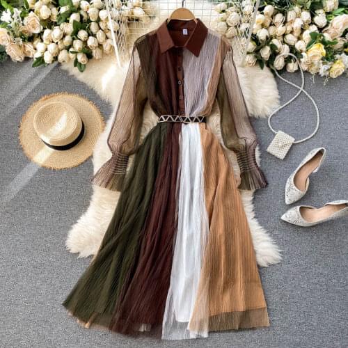 Wavsiyier Luxury A-line 2021 Boho Patchwork Autumn Elegant Dresses Women Party Long Sleeve High Waist Vintage Dress Spring Lace