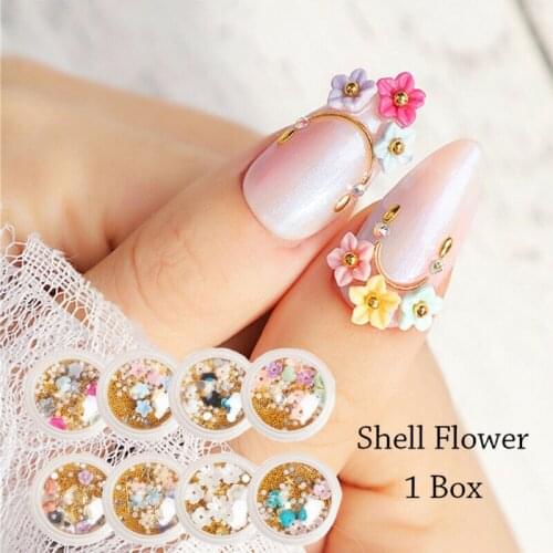 3D Mixed Pearl Shell Flower Gel Polish Gems Nail Glitter 3D Nail Rhinestones 1 Box Shell Flower Gold Mini Beads