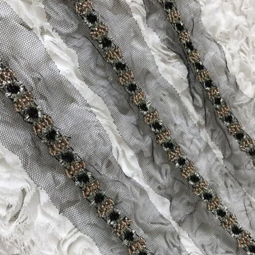 3 Yards Champagne Beaded,Gold Thread Beaded Trim On Mesh For Bridal Dress Belt, DIY Gifts Garment Tools