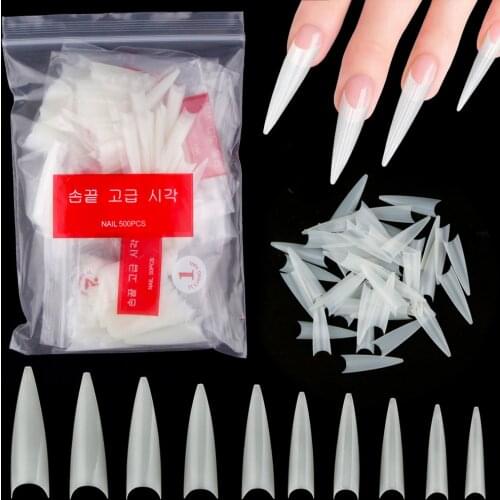 500pcs/Bag Acrylic Nail Tips Stiletto Coffin Practice Nail Capsules Artificial False Soft Gel Full Cover Nail Tips Manicure Tool