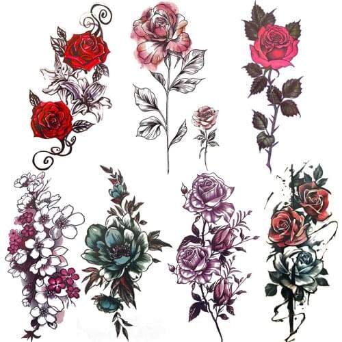 Watercolor Rose Flower Temporary Tattoo For Kids Women Cherry Bloosom Fake Tattoos Sticker Daisy Waterproof Tatoo Body Hands Arm
