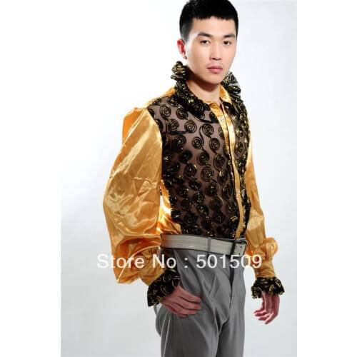 Free shipping fan collar prince stage sequins decoration mens tuxedo shirts party/event shirts latin dance performance shirts