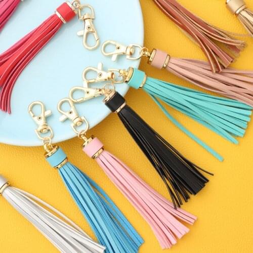 18 Colors Long Leather Fringe Tassel Monogram Keychains for Women Bag Accessories Gift + Gold Clasp