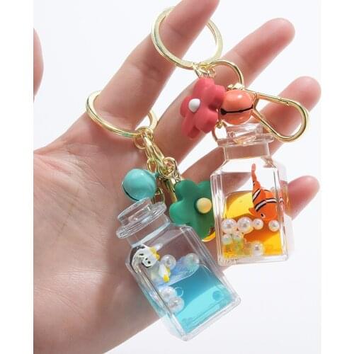 New Acrylic Cartoon Fish Penguin Keyring Floating liquid Bottle Keychain Women Girl Car Bag Pendant Key Ring Jewelry Gifts