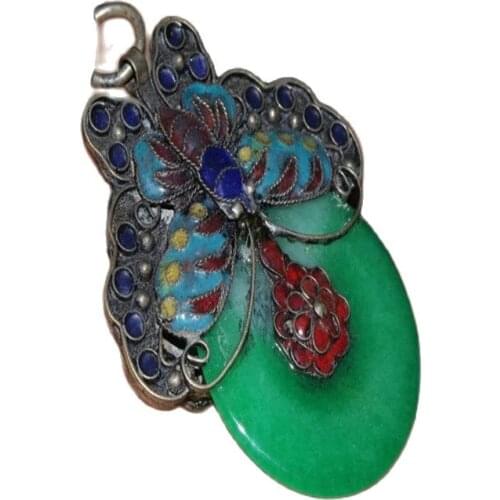 China folk old Tibetan silver Cloisonne Butterfly inlaid with greenstone jade Safety Pendant