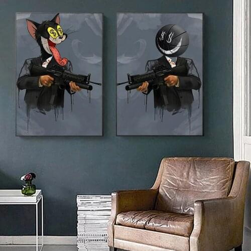 Classic Anime Manga Characters Cat Wearing Suit Shoot With a Gun Interesting Canvas Painting Modern Home Decoration Living Room