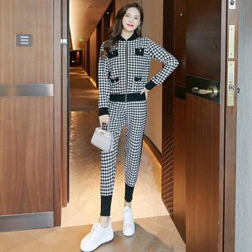 Suit Autumn New Style Casual Fashion Loose Korean Plaid Knitted Sweater Women Suit Pants Sexy Two Piece Outfits for Women