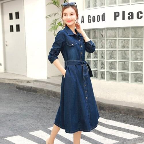 Fashion Slim Single Breasted Midi Denim Dress Street Long Sleeve Cowboy Dress Top Quality Spring Lace Up Office A-Line Dress