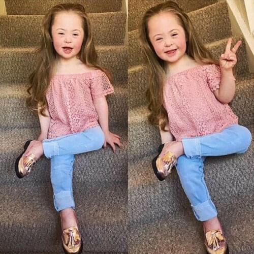 2019 New Fashion Infant Kids Baby Girls Clothes Sets Pink Lace Short Sleeve T Shirts Tops+Denim Pants 6M-4Y