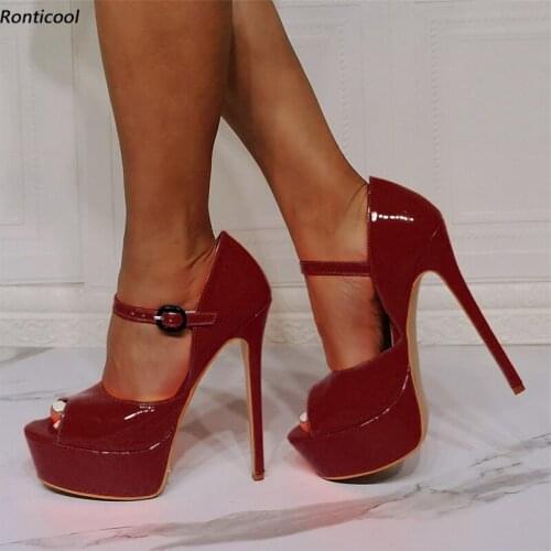 Ronticool 2021 New Arrival Women Platform Summer Sandals Patent Leather Stiletto Heel Peep Toe Gorgeous Party Shoes US Size 5-20