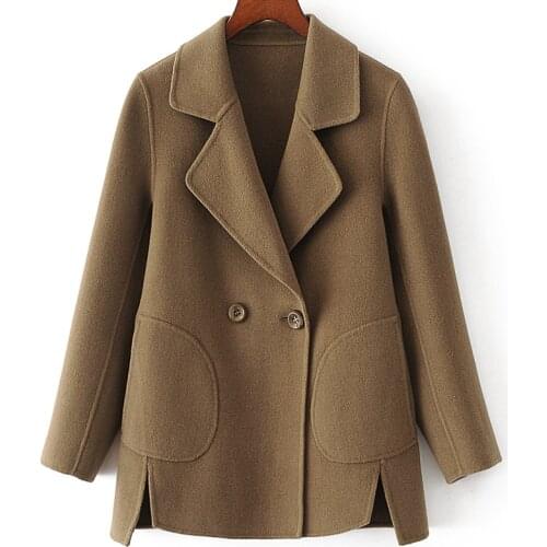 New style double face 100%wool fabrics women fashion short coat double breasted bronze green 4colors S-XL