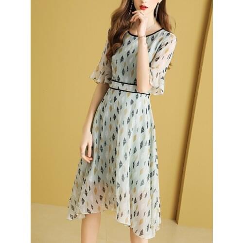 Womens dress summer half sleeve printed casual chiffon dress women elegant thin ladies OL work dress female