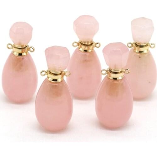 Natural Perfume Bottle Rose Quartz Stone Pendant Necklace Pink Crystal Essential Oil Diffuser Charms for Jewelry Making