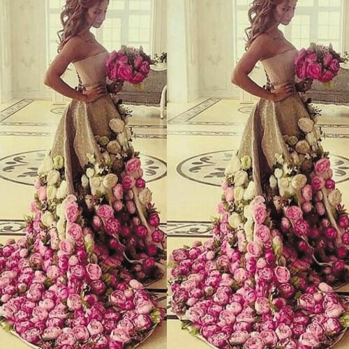 SuperKimJo 3D Flowers Ball Gown Prom Dress Robe De Soiree Gold Sequin Sparkle Luxury Prom Gown Vestido De Graduacion