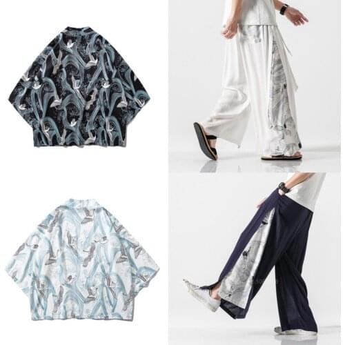 Asian Japanese Style Traditional Clothing Crane Printed Kimono Yukata For Men Patchwork Wide Leg Pants Hanfu Vintage Linen Sets