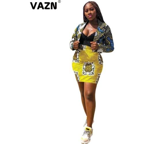 VAZN 2020 New Plus Size Vintage High-end Young Office Elegant Full Sleeve Open Stitch Midi Skirts Slim Women 2 Piece Set