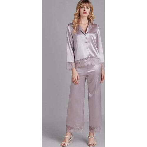Women Faux silk Pajamas Lace Summer Satin Pajamas Long-Sleeved Solid Home Wear Womens Pajama Set Sexy Pijama Soft Sleepwear