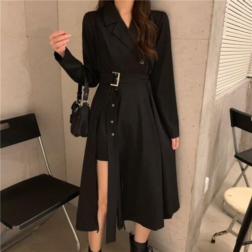 Women Elegant Dresses Blazer Irregular Notched Black Dress Office Fashion Ldies Split Long Sleeve Hepburn Dresses 2021 Autumn