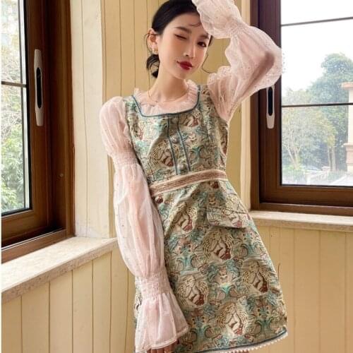 Women Dress 2021 Spring Autumn French Palace Style Dresses Ladies Square Neck Beaded Gauze Lantern Sleeves Vintage Print Vestido