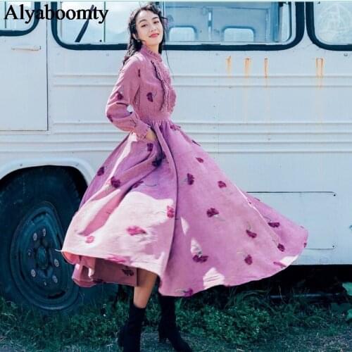 Japan Mori Girl Autumn Spring Women Maxi Long Dress Stand Collar Floral Embroidery Vestidos Longo Elegant Corduroy Vintage Dress